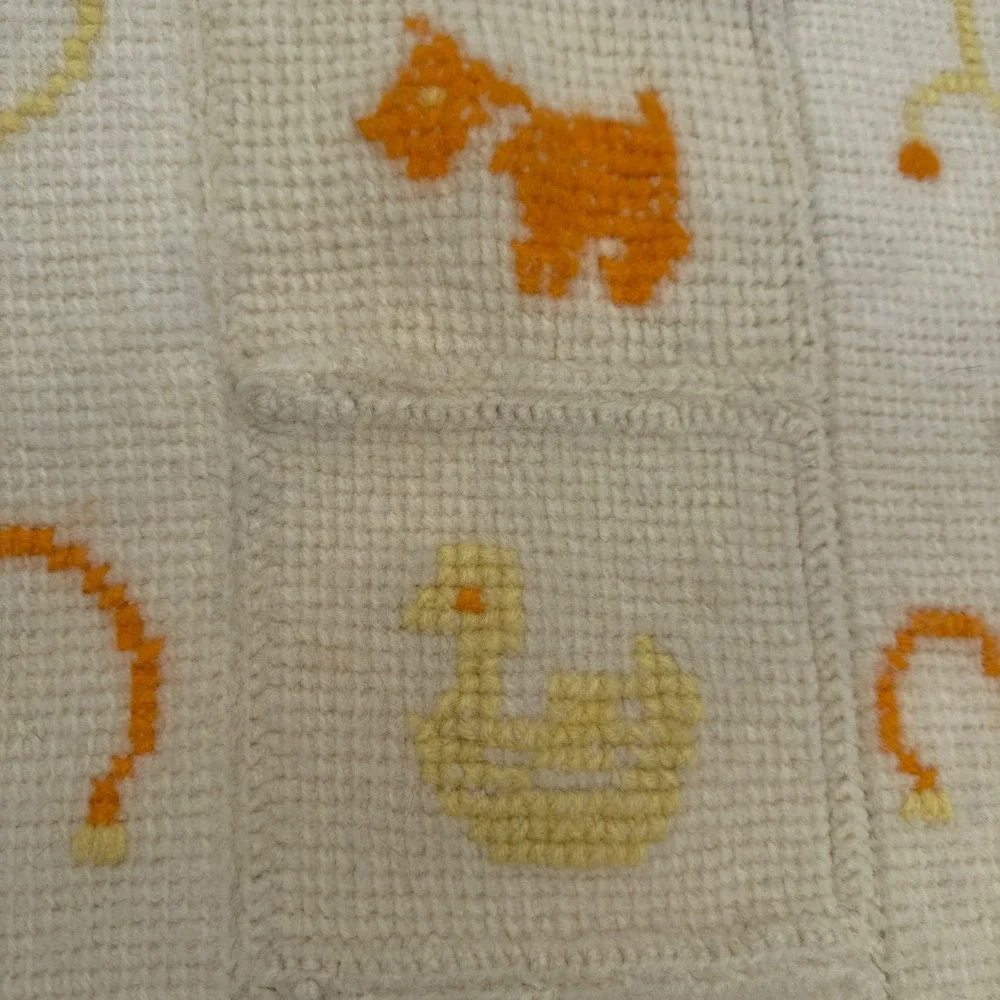 Handmade Vintage Baby Blanket White Orange Yellow Animal Duck Dog Crochet Afghan